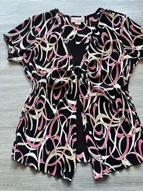 Y2K Black Plisse Blouse with Pink & Cream Swirl Print and Ring Detail